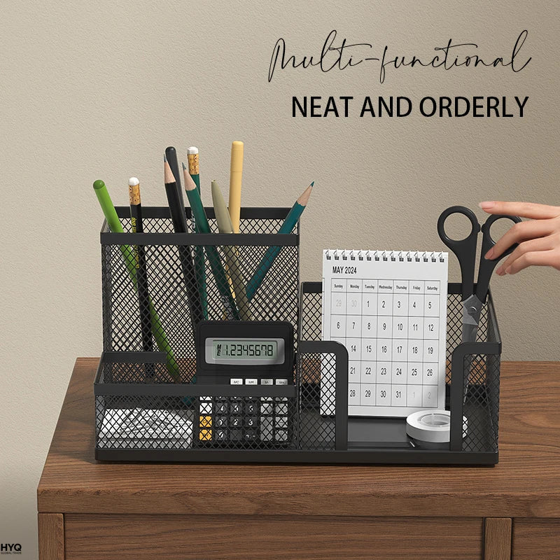 Mesh Desk Organizer Office Supplies Caddy with Pencil Holder and Storage Baskets for Desktop Accessories, 3 Compartments, Black