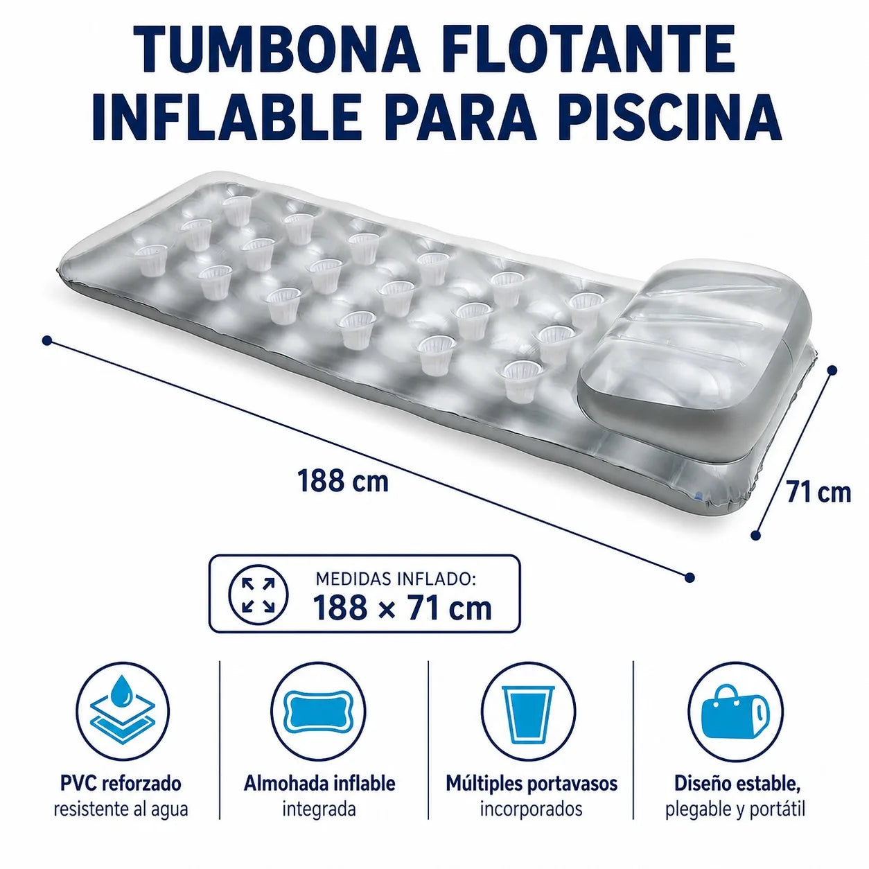 Inflatable Floating Pool Mattress with Integrated Pillow and Cup Holder, Durable Pvc Material, Sunbathing Float