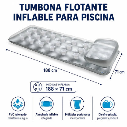 Inflatable Floating Pool Mattress with Integrated Pillow and Cup Holder, Durable Pvc Material, Sunbathing Float