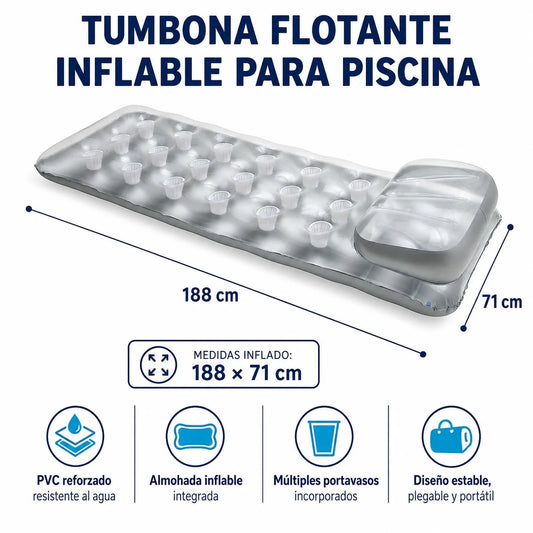 Inflatable Floating Pool Mattress with Integrated Pillow and Cup Holder, Durable Pvc Material, Sunbathing Float