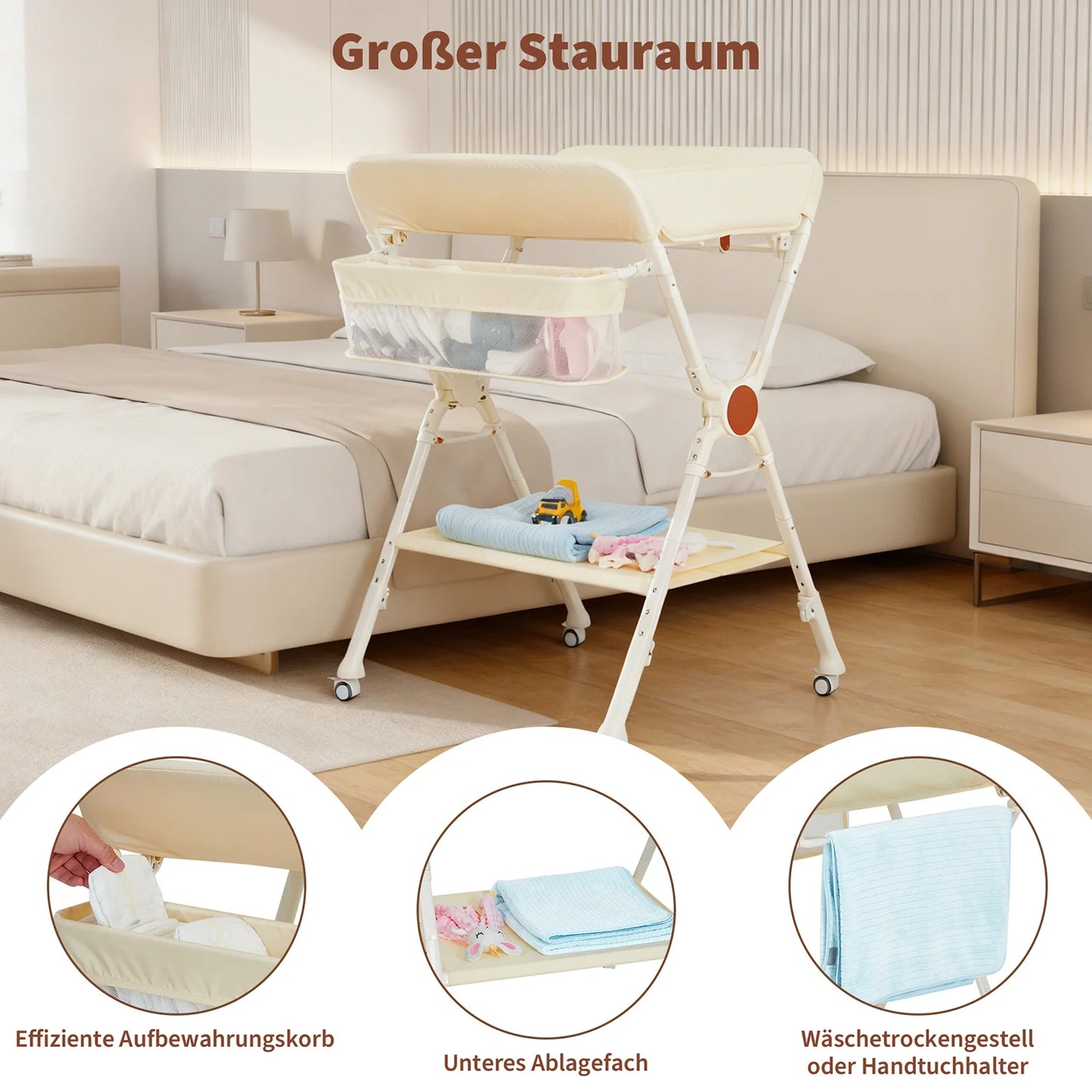 Himiss Folding Baby Changing Table Height Adjustable Metal & Fabric Large Storage Space Safety Belt Wheels for Newborns & Infants
