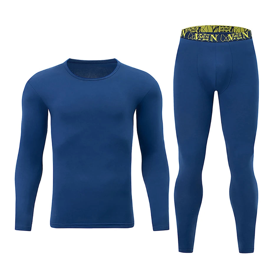 2-piece Men's Autumn And Winter Solid Color Round Neck Fashionable Printed Sports Thermal Underwear Set Simple And Comfortable