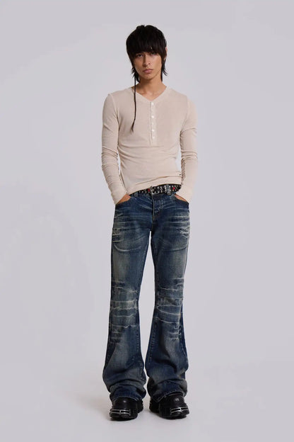 Y2K Vintage Flared Jeans Mid Blue Washed Men Women Bootcut Jeans American Hip Hop Distressed Streetwear Unisex Wide Leg Pants