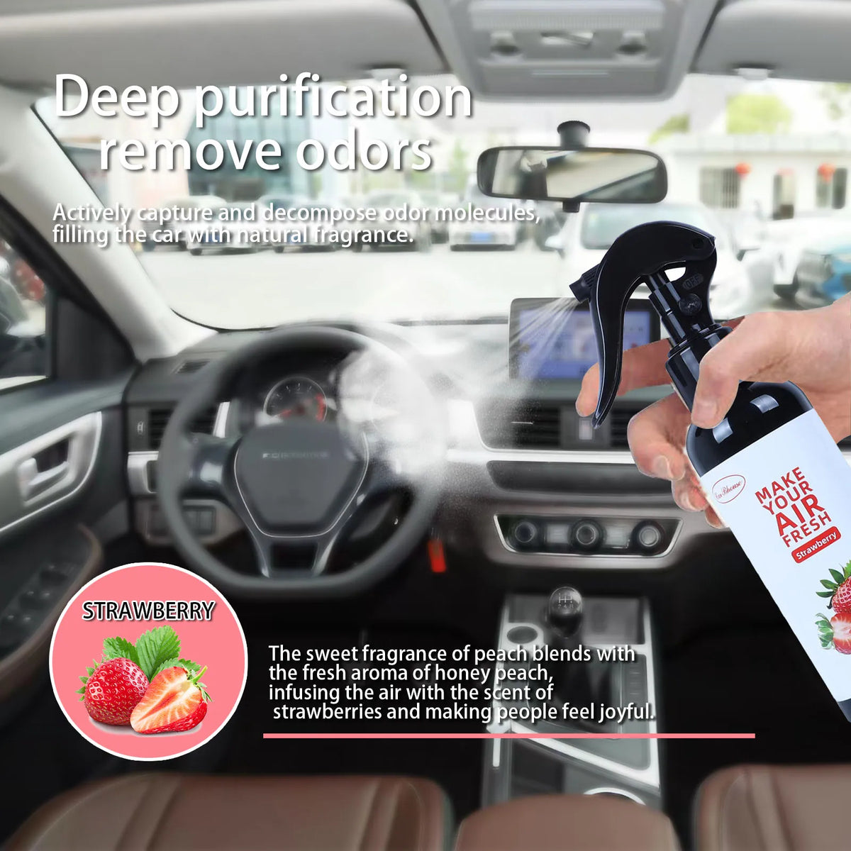 A 150ml car air freshener spray that doubles as a home fragrance. It effectively eliminates odors and can also be used as a hand