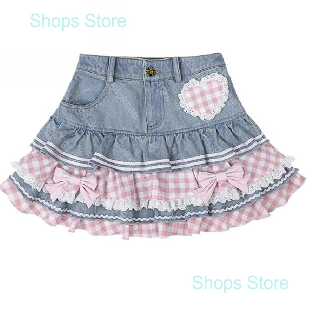 Preppy Style Lolita Kawaii Skirts Japanese Sweet Mini Women Harajuku Cute Ball Gown Denim Skater Y2K High Waist Lace Cake Skirts