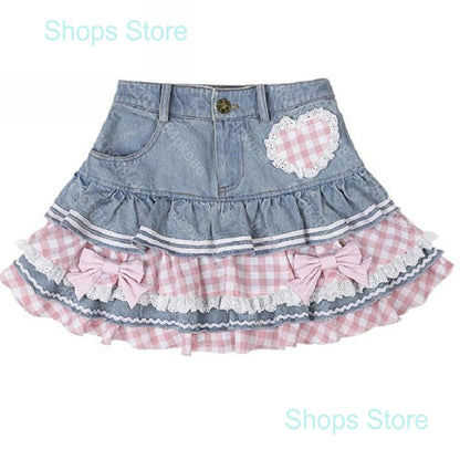 Preppy Style Lolita Kawaii Skirts Japanese Sweet Mini Women Harajuku Cute Ball Gown Denim Skater Y2K High Waist Lace Cake Skirts