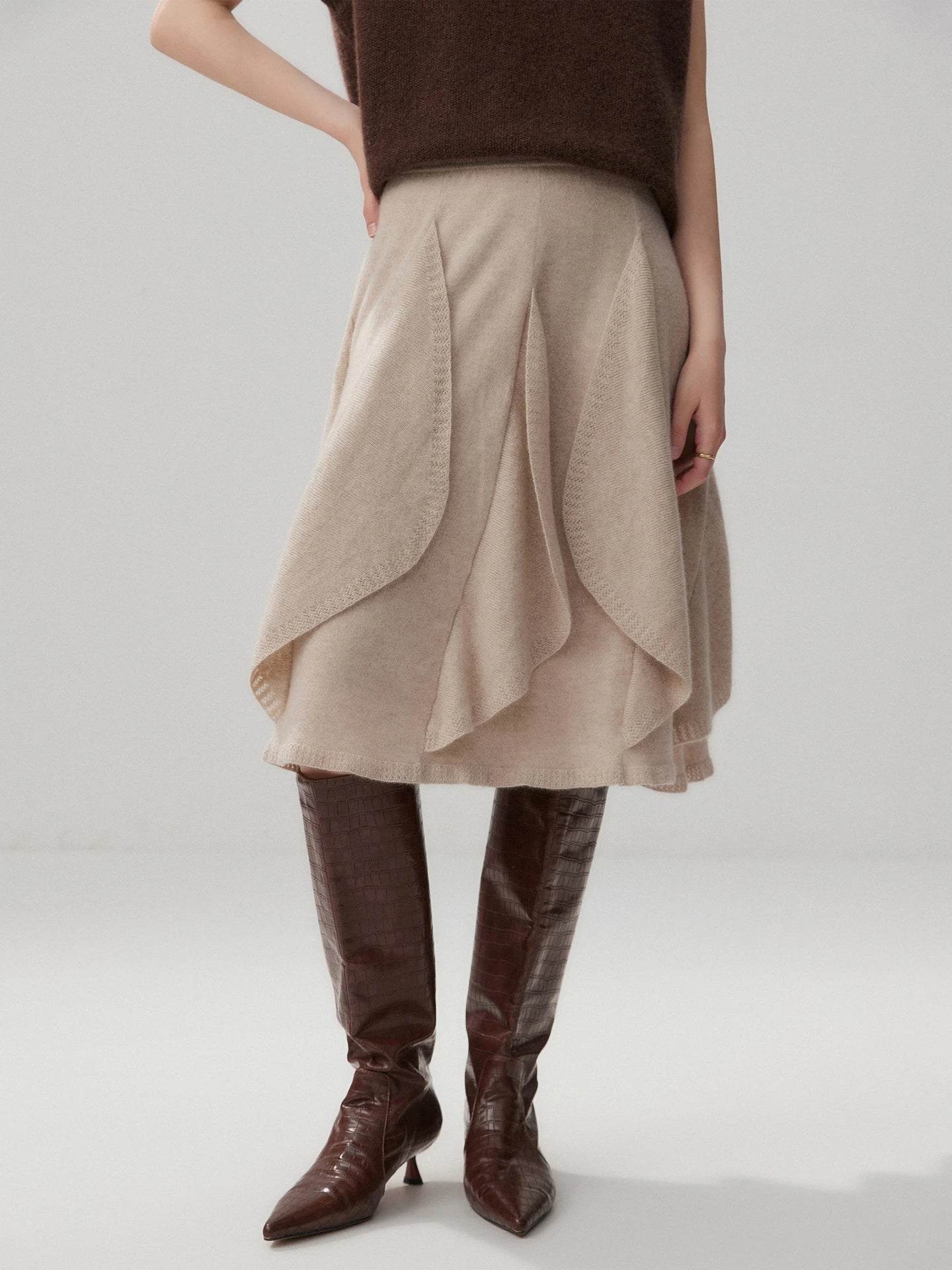 French 100% Pure Cashmere Skirt Ruffle Irregular A-line Soild Midi Sirt Autumn Winter Women Elegant Pleated  Knit Dress Fashion