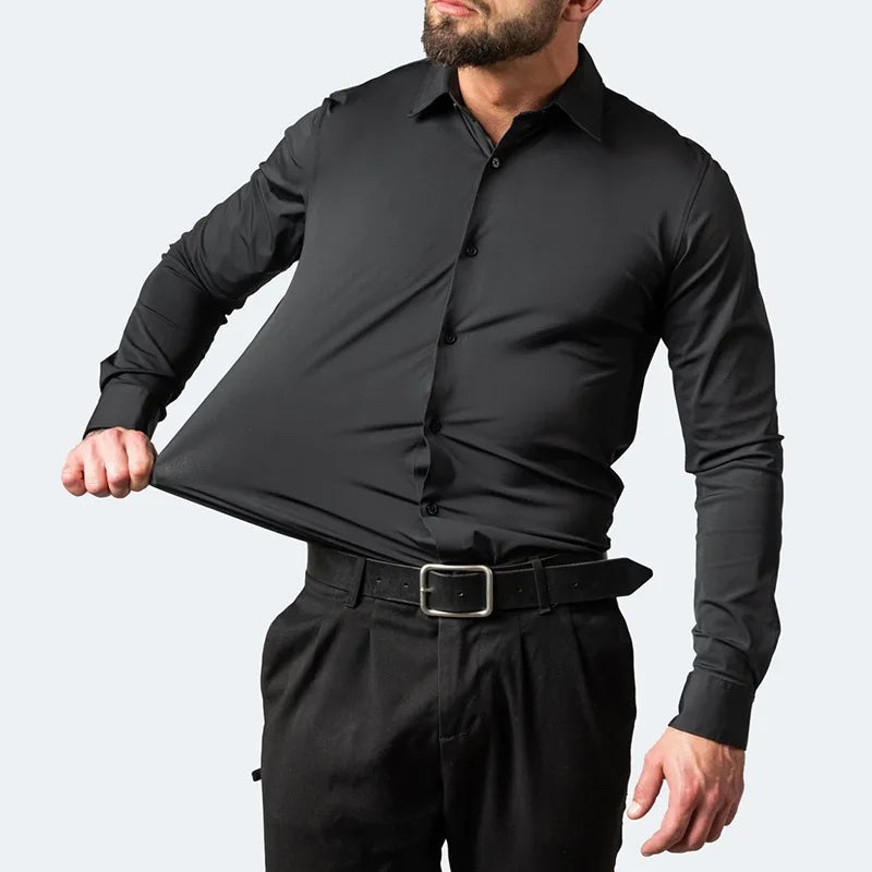 Men's long-sleeved shirt made of elastic fabric, wash-and-wear wrinkle-resistant business casual, silky smooth, pure color shirt
