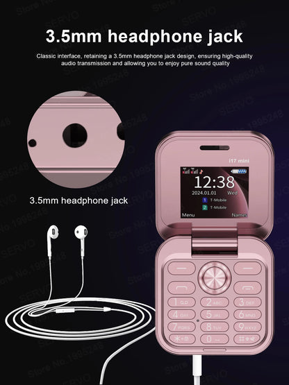 SERVO i17 Mini Dual SIM Card Fold Mobile Phone 2G Network Video Player Flashlight FM Radio Magic Voice Small Box Flip Cellphones