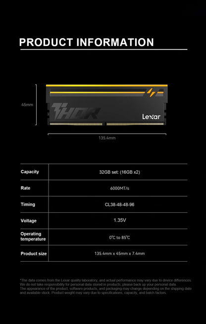 Lexar THOR RGB 2nd DDR5 RAM 6000MHz 16GBx2 CL38 1.35V Micron DRAM Chip Gaming Desktop Memory Overclocking Intel XMP 3.0 AMD EXPO