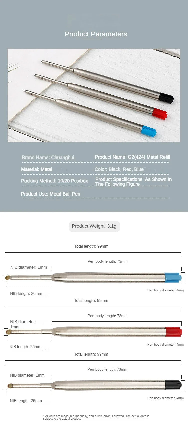 5/10/20pcs L:3.9 In Ballpoint Pen Refills for Parker Pens Medium Point blue red Black Ink Rods for Writing Office Stationery