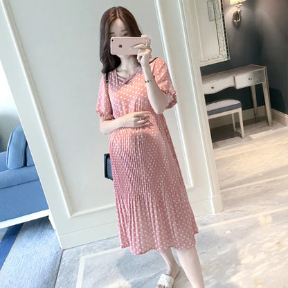 Summer Maternity Dress for Pregnant Women Petal Collar Bubble Sleeve High Waist Peter Pan Casual Temperament Gown
