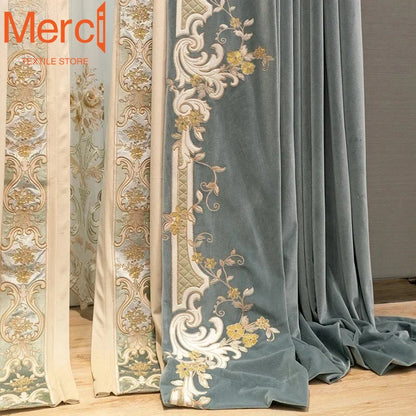 European Embroidered Thickened Blackout Blue Velvet Curtains for Living Room Bedroom Blackout  Lace Luxury Valance Tulle Custom