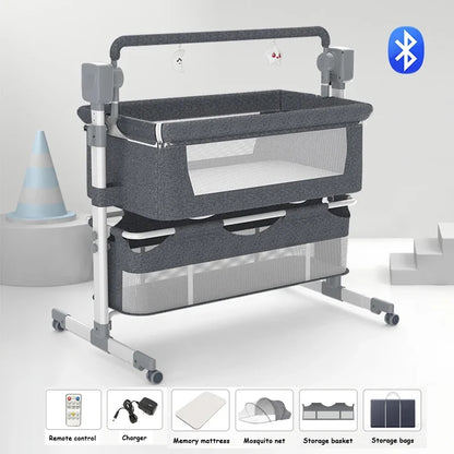 Electric Baby Crib Bassinet Cradle Bluetooth Music Timer with Automatic Swing Remote Control Foldable Design Breathable Mesh Sides Soft Mattress Stable Frame Safe Sleeping Bed for Newborn Infant Home Use and Travel Comfort Ba