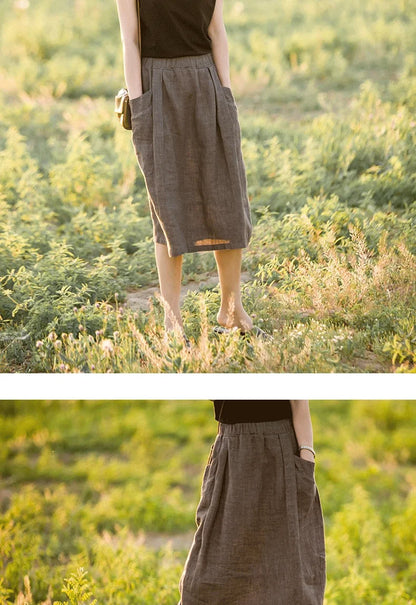 New Cotton and Hemp Half Length Skirt for Women in Summer, A-line Medium Length Skirt, High Waist, Loose Elastic Waist Skirt