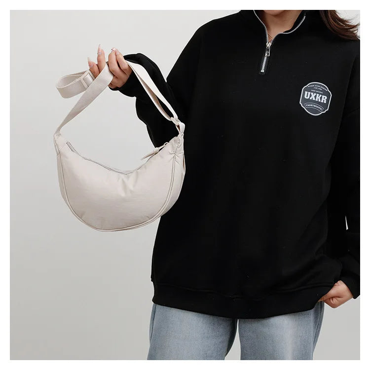 Nylon fabric zipper crossbody bag for men and women, crescent-shaped dumpling bag under the armpits, large capacity