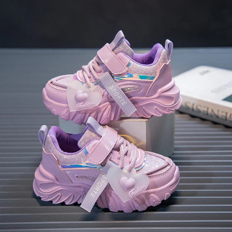 Girls Sports Shoes Kids Running Sneakers for School Fashion Cute Shiny Non-slip Children's Casual Shoes with Heart Spring Autumn