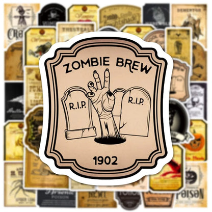50pcs Halloween Bottle Labels Stickers Retro Horror Gothic Magic Potion Vintage Decals Suitcase Scrapbooking Laptop Toys