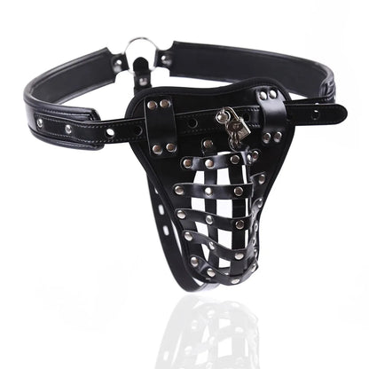 Lockable Male Chastity Cage PU Leather Harness Panties Hollow Dildo BDSM Restraint Couple Fetish Erotic Toy For Men Couple 18+
