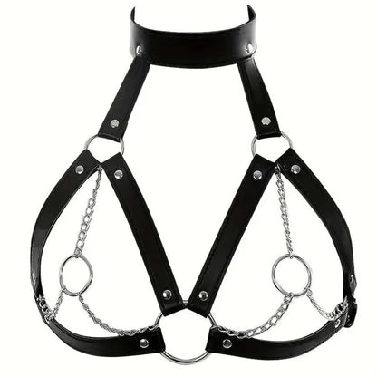 BDSM Alternative Training Sexy Black Leather Collar, nipple clamps, waist binder, and bralette