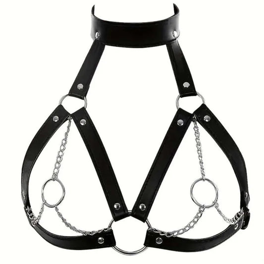 BDSM Alternative Training Sexy Black Leather Collar, nipple clamps, waist binder, and bralette