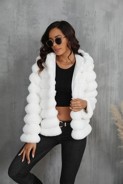 2026 Faux Fur Women Coats Hooded Full Sleeve Short Coat Zipper Thick Warm Solid Temperament Elegant Splice Autumn Winter