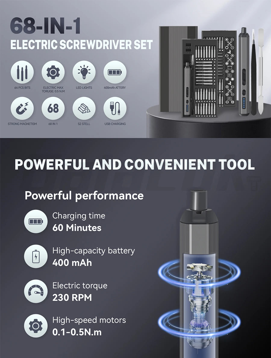 68 IN 1 Precision Electric Screwdriver Set 5 Levels Adjustable Comes Fill Light Professional Mobile Phone IPad Repair Tool