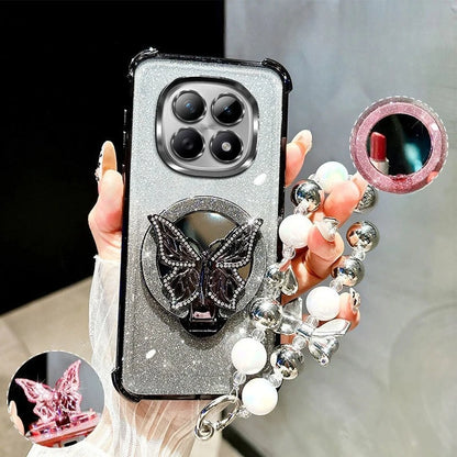 Glitter Butterfly Mirror Crystal Bracelet Case For Xiaomi Redmi Note 15 15C 14 14C 13 13C 12 11 Pro Plus 4G 5G Shockproof Cover
