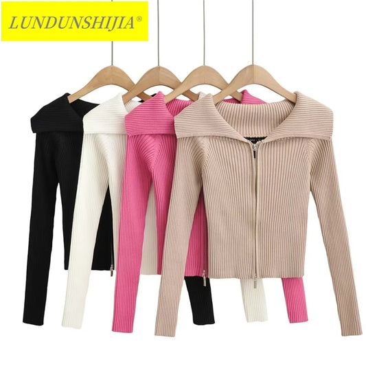 LUNDUNSHIJIA 2026 New Autumn Women Elegant Thickened Zipper Sweaters For Women Rose Red Fashion Short Female Cardigan 4 Colors