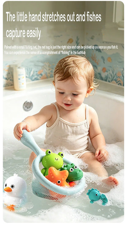 Frog Net Fishing Bath Toy Baby Floating Turtle Animal Squeeze Squeaky Pool Summer Splashing Water Toy Gift
