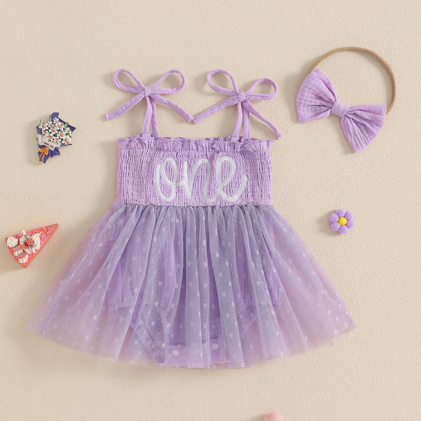 MISOWMNJOY Summer Mesh Tulle Baby Girl Romper Dress Infant Birthday Outfits Sleeveless Tie Strap Smocked Bodysuit with Headband