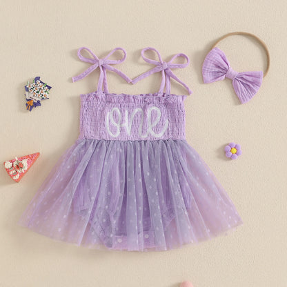 MISOWMNJOY Summer Mesh Tulle Baby Girl Romper Dress Infant Birthday Outfits Sleeveless Tie Strap Smocked Bodysuit with Headband