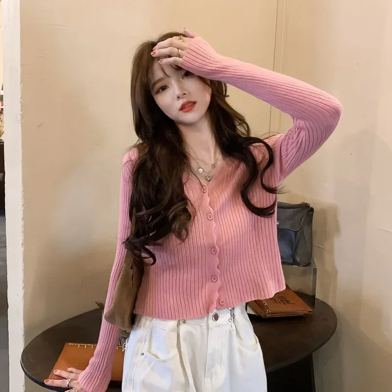 Women Ribbed Crew Neck Cardigan Sweater Pastel Pink Purple Long Sleeve Fitted Crop Knitted Jacket Spring Fall