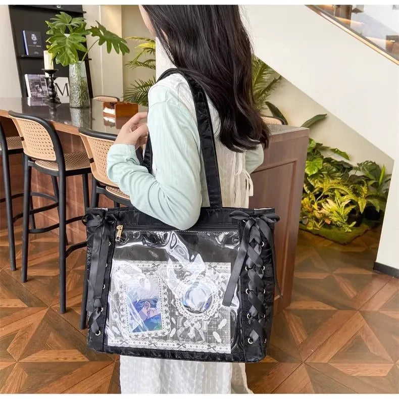 New Y2K Cute Japanese Ita Bag Lolita Girl Transparent Shoulder Tote Bag Large Capacity Crossbody Casual Bag DIY Display Handbags