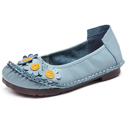 Vintage Flower Moccasins Woman Genuine Leather Ballet Flats Ladies Hollow Slip Ons Women's Luxury Loafer Purple Walking Shoes 42