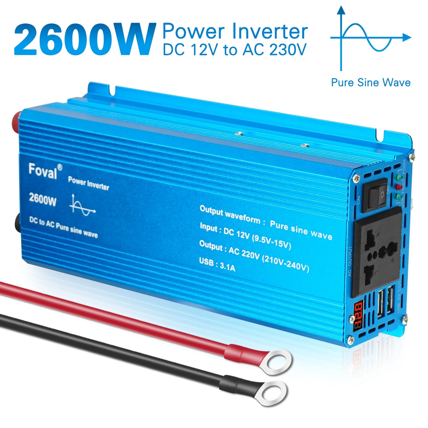 Pure Sine Wave Inverter DC 12V to AC 220V 230V 1500W/2200W/2600W/3000W Voltage Transfer Converter EU Socket Auto Accessories