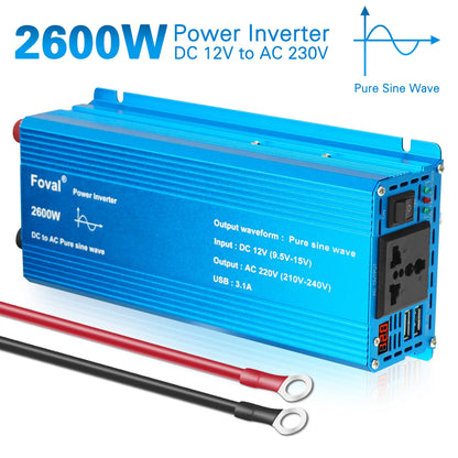 Pure Sine Wave Inverter DC 12V to AC 220V 230V 1500W/2200W/2600W/3000W Voltage Transfer Converter EU Socket Auto Accessories