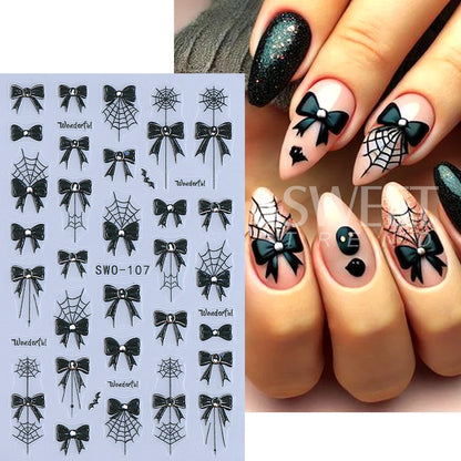 1/3pcs 3D Halloween Nail Stickers Pumpkin Ghost Spider Skull Design Bow  Flower Cute Cat Adhesive Slider Decals Manicure Decor