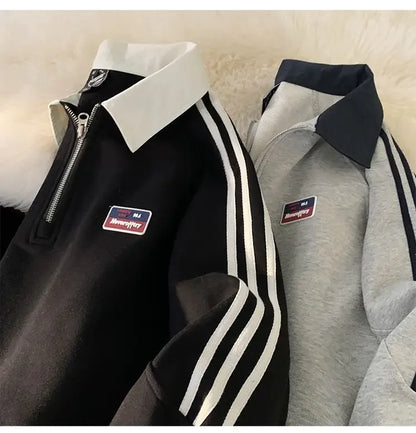 American Style Autumn Winter Oversize Sweatshirts Men Lapel Letter Zipper Printing Label Fashion Trend Long Sleeve Loose Hoodies