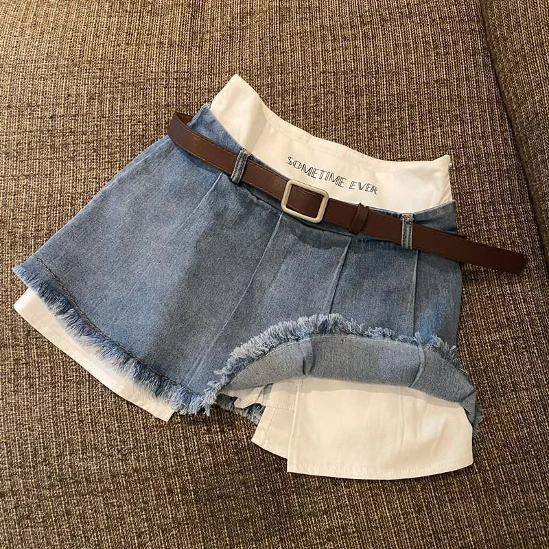 Gidyq Women High Waist Denim Skirts Summer Korean Fashion Patchwork Mini Skirts Streetwear Female Casual Tassels Jeans Skirts