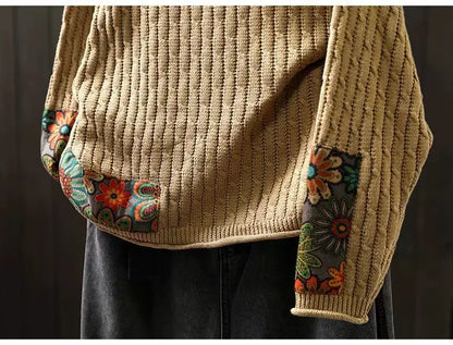 Winter Fall Fashion Vintage Sweater Women's O-neck Loose Casual Lazy-style Casual Pullover Tops Flower Print Patchwork Knitwear