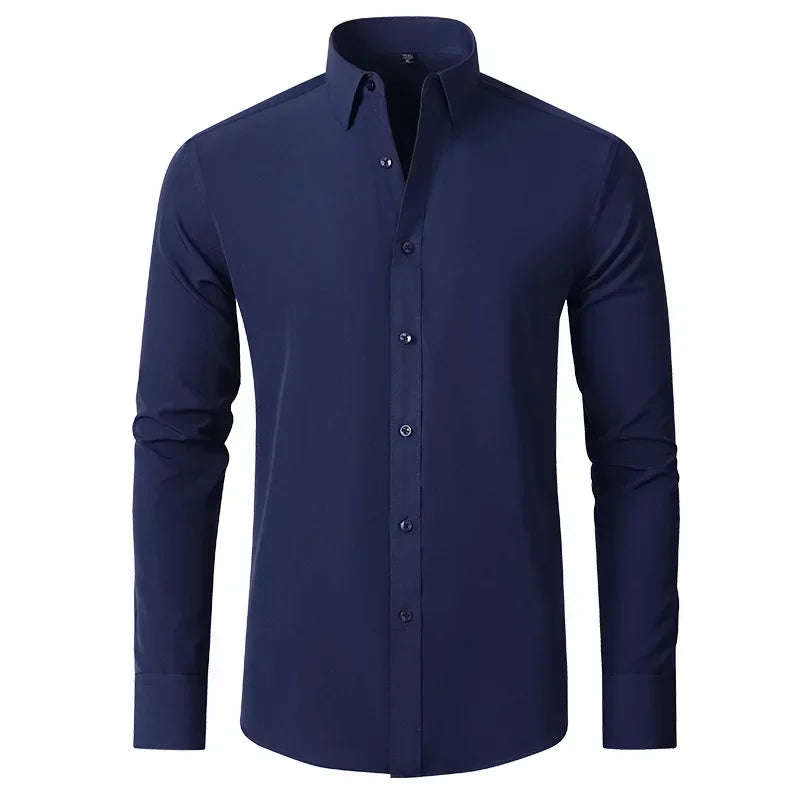 Men's long-sleeved shirt made of elastic fabric, wash-and-wear wrinkle-resistant business casual, silky smooth, pure color shirt