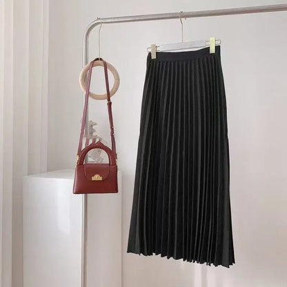 Women Summer Solid Pleated Satin Long Skirt Korean New Fashion Ladies Work Casual Elastic High Waist A Line Party Loose Skirts