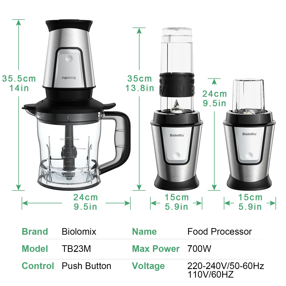 BioloMix 700W Compact Kitchen Blender 3-in-1 Juicer Food Processor and Dry Grinder Perfect for Making Fresh Juices Dips