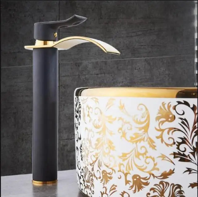 Basin Faucet Gold and White Waterfall Faucet Brass Bathroom Faucet Bathroom Basin Faucet Mixer Tap Hot and Cold Sink Faucet