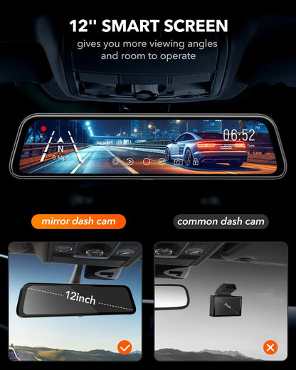 WOLFBOX G840S 12"IPS Dash Camera 4K Rearview Dash Cam GPS Video Recorder Night Vision HD Dual Cameras Car Dvr Parking Monitor