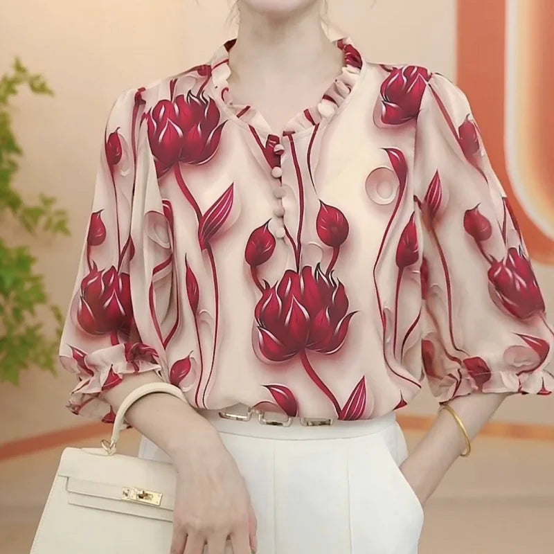 Autumn New Style Fashionable Mom Chiffon Shirt with Western Style Loose and Slimming Age Reducing Seven Cent Sleeve Women