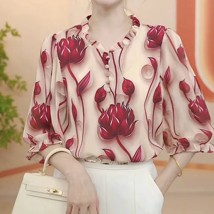 Autumn New Style Fashionable Mom Chiffon Shirt with Western Style Loose and Slimming Age Reducing Seven Cent Sleeve Women