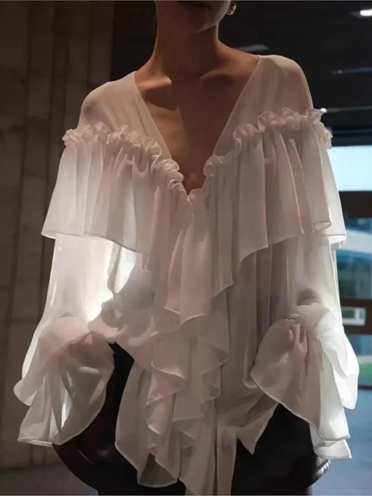 Sexy See-through Chiffon Top V-neck Long Sleeve Beach Party Shirt Trans-seasonal Women's Low Cut Shirt Ruffle Solid Color Tops