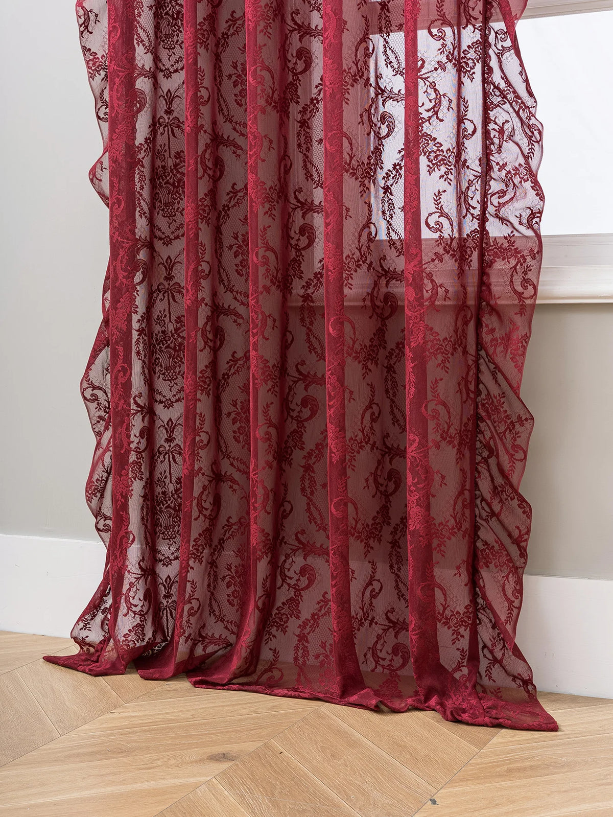 Vintage Burgundy Lace Sheer Curtains, Rod Pocket Ruffled Lace Window Curtains for Living Room Bedroom